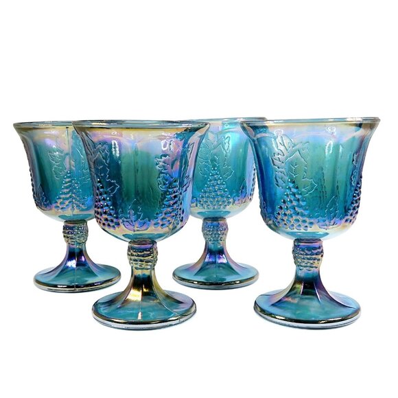 Colony Harvest Carnival Blue Set of 4 Goblets - Iridescent Water Glasses - Picture 1 of 5